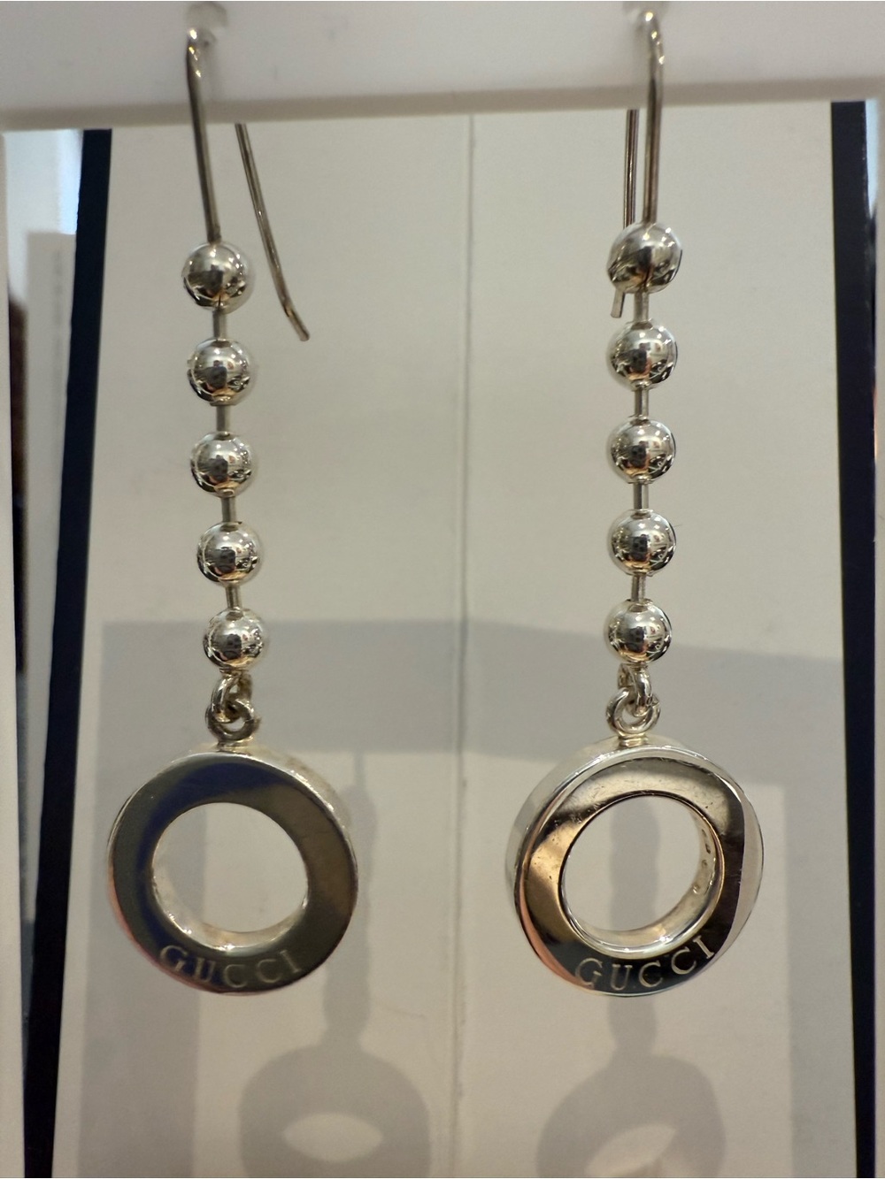 Gucci Silver Beaded Drop Hoop Earrings with Logo Discs